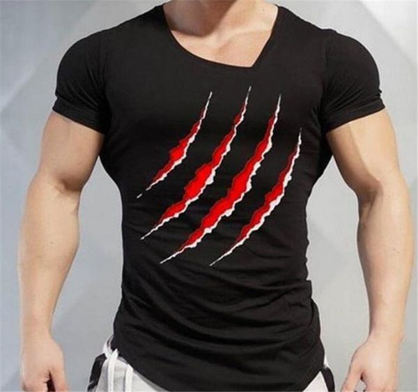 

summer claws print mens tshirts fashion slim irregular hem fitness training mens tees, White;black
