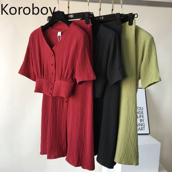 

korobov summer short sleeve single breasted v neck solid blouse + slim high waist a line button skirts women outfits suit 78337, White