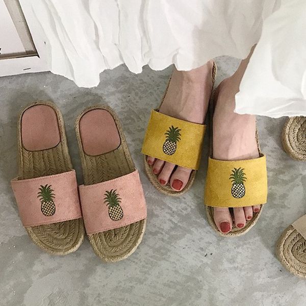 

ins korean pineapple women slippers summer casual slides straw outside indoor slippers beach shoes babouche rubber shoes black