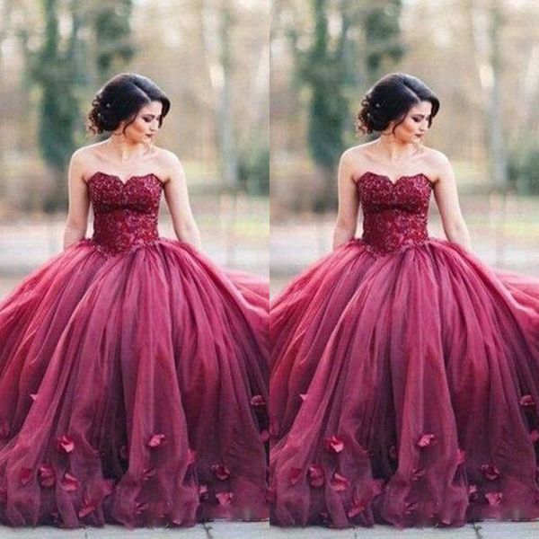 

burgundy strapless ball gown princess quinceanera prom dresses lace bodice basque waist backless long evening gowns custom, Blue;red