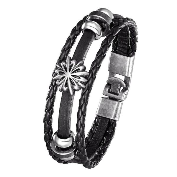 

beaded, strands 2021 fashion leather bracelet multi-layer sun flower men's retro punk rock woman alloy bead nautical jewelry, Black