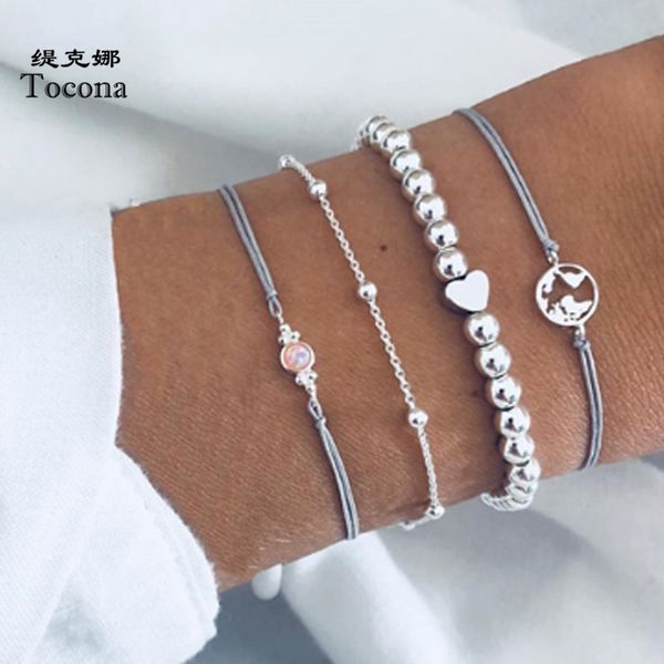 

tocona 4pcs/sets silver color hollow map bracelets for women opal stone bead adjustable chain party jewelry wholesale b004, Black