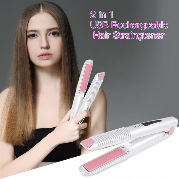 

2 in 1 usb rechargeable hair straightener curler mini portable wireless flat iron hair curling iron chapinha corrugation p42