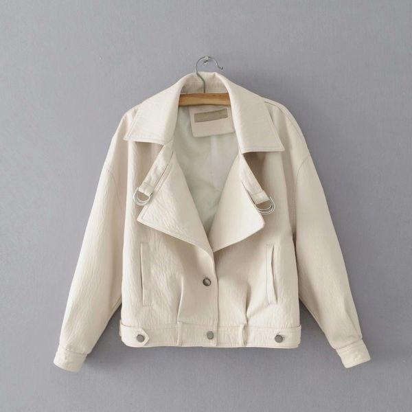 

new fashion autumn pockets white coat women single breasted loose jacket casual motorcycle pu leather outerwear, Black
