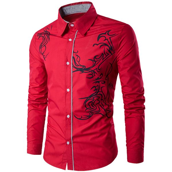 

men casual long sleeve turn-down dragon printed cotton shirt blouse slim fit male social business dress shirt, White;black