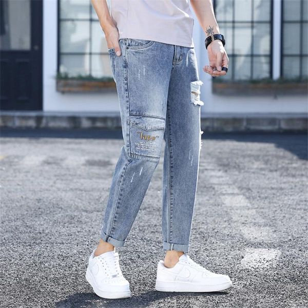 

spring autumn 2020 jeans men male korean fashion hole cotton youth casual harem pants ankle-length pants skinny denim, Blue
