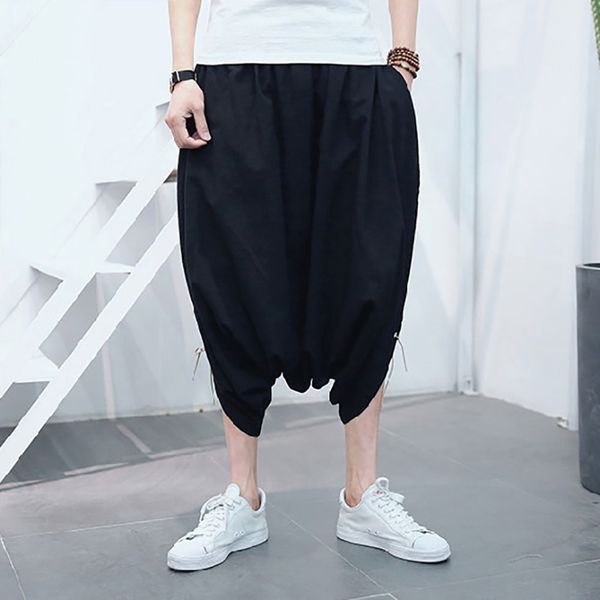 

2018 summer new men's calf-length wide leg harem loose cotton pants drop-crotch solid lightweight trousers chinese national, Black