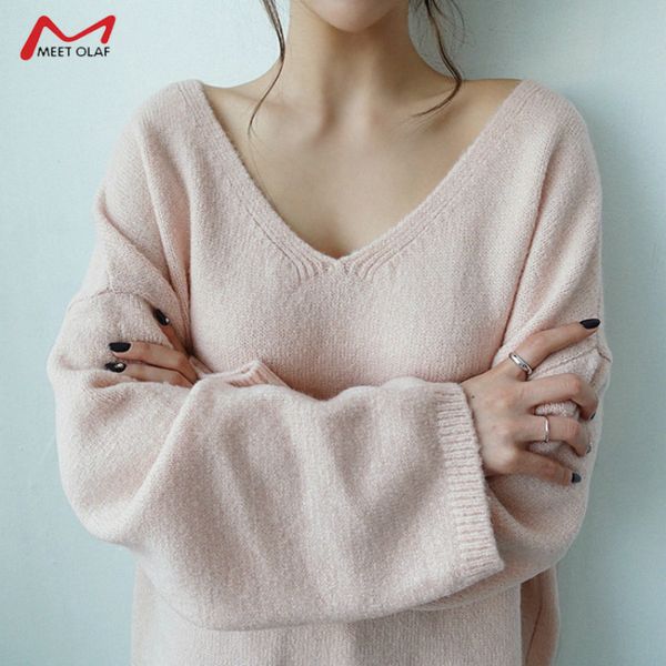 

2019 new autumn winter women v-neck comfortable loose languid solid long sleeve sweater minimalist knitting casual ca3265, White;black