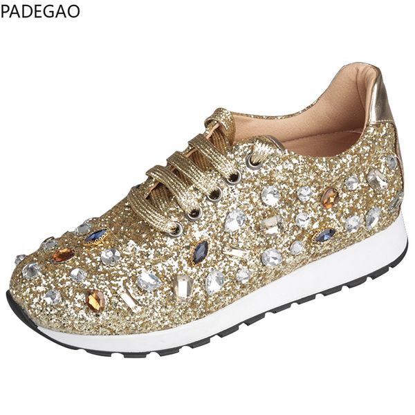 

new rhinestones sneakers women shoe laces paillette spell color flat shoes ladies real leather causal shoes woman, Black