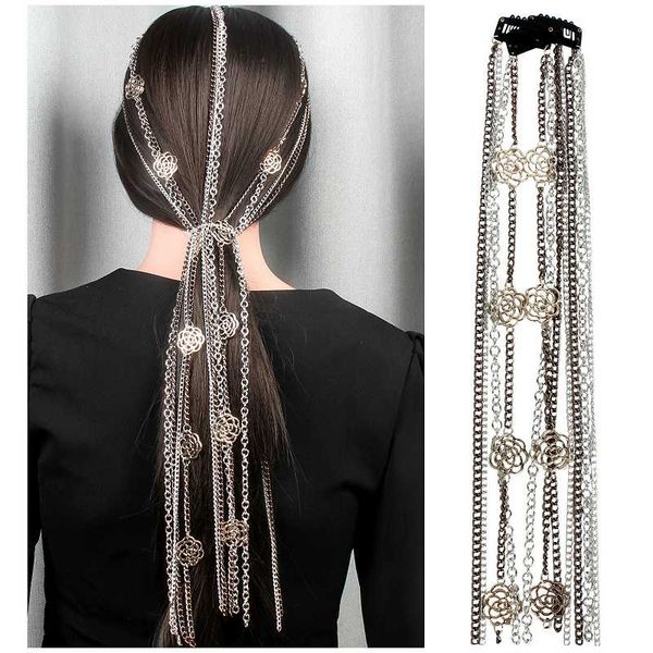 

trendy hair decoration clip flower metal tassel hair chain jewelry women fashion head piece bridal headband wedding accessories, Golden;white