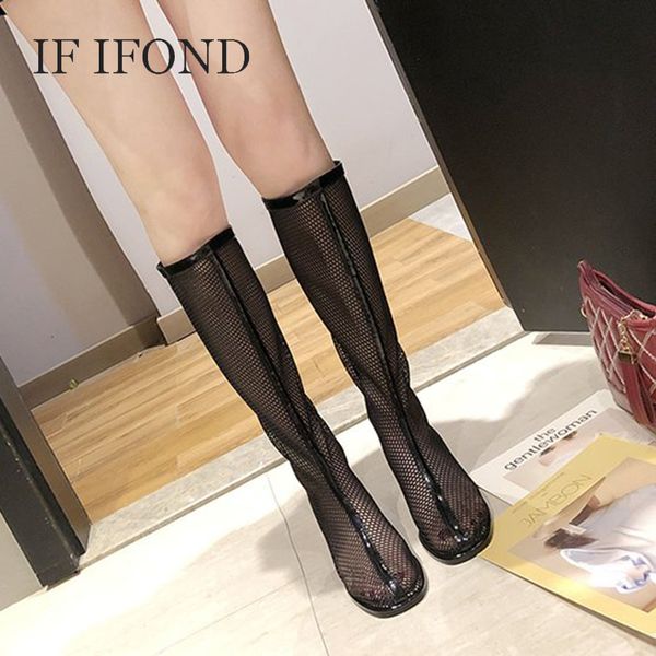 

if ifond womens boots mesh round toe square heel high heels woman breathable knee high boots women shoes, Black
