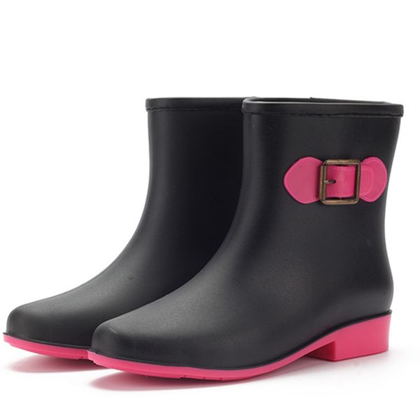 

youyedian fashion women low-heeled buckle round toe shoe waterproof middle tube rain boots bota feminina salto alto para rod#g35, Black