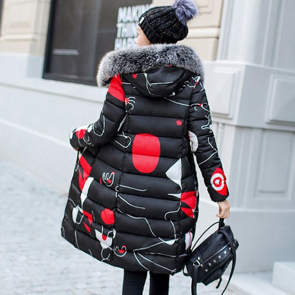 

winter hooded jacket women with fur collar warm coat plus size padded slim long feminina both sides, Black