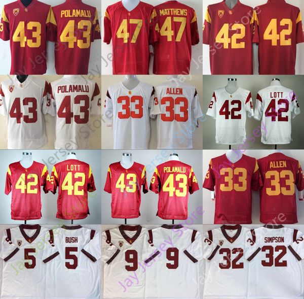 

usc трояны южной калифорнии футбол джерси ncaa college 33 марк аллен 42 ронни лотт 43 трой polamalu 47 клей мэттьюз размер s-3xl, Black;red