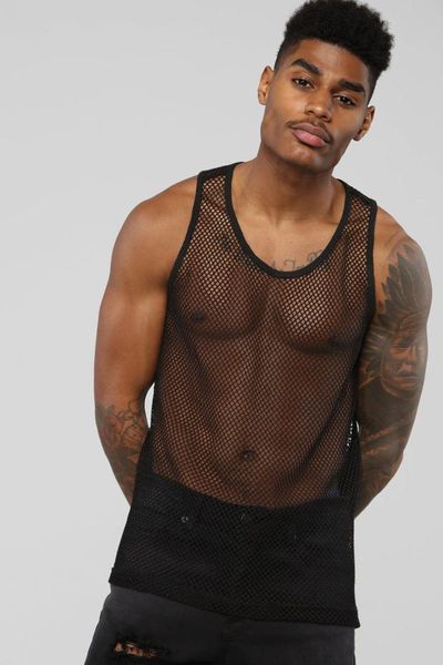 

mesh see-through fishnet tank men 2019 brand new o-neck sleeveless undershirt men nightclub party dance tees, White;black