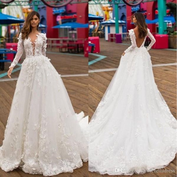 

2020 vintage country 3d аппликация v-образным вырезом backless с длинным рукавом свадебные платья плюс размер строки свадебные платья свадеб, White