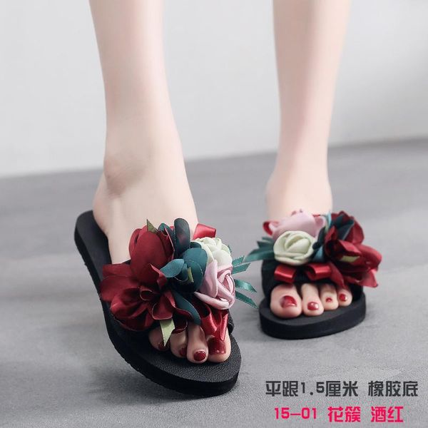 

sandals women's slippers seaside holiday anti-slip flat a- line sandals summer new style fashion outer wear flower, Black