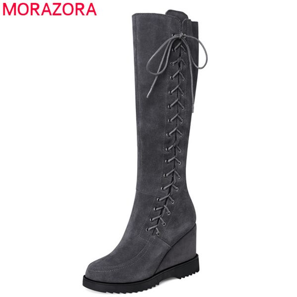 

morazora 2020 women knee high boots suede leather winter boots cross tied zip wedges platform shoes female big size 40, Black