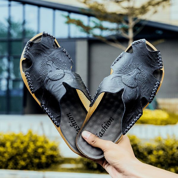 

glazov 2019 new fashion summer shoes men's slippers genuine leather beach sandals men casual shoes flip flops big size 38~46, Blue;gray
