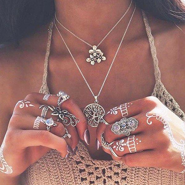 

bohemian vintage double layer flower tree pendant necklaces for women antique silver chains clavicle necklace jewelry kolye yn45