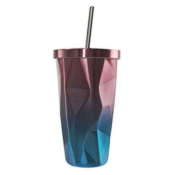 

stainless steel tumbler with straw - and cold double wall drinking cups coffee mugs 500ml irregular diamond with lid (pink