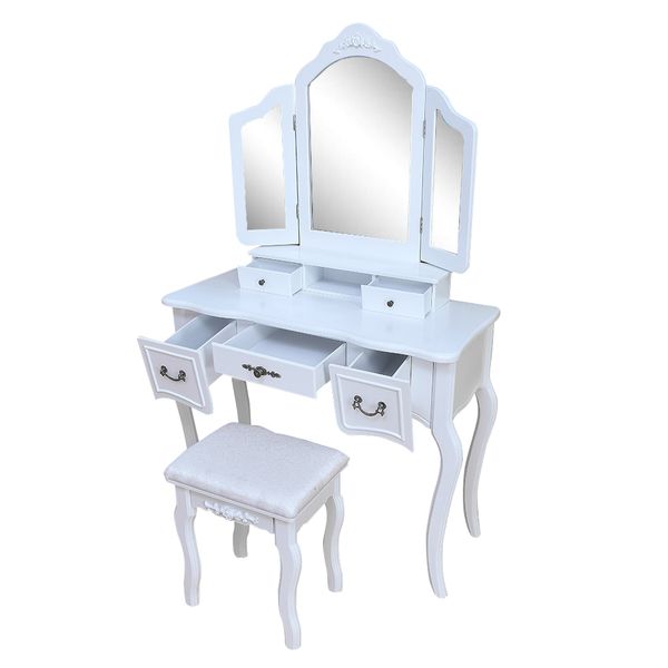 2019 White Tri Folding Mirror Vanity Set 5 Drawers Dressing Table Makeup Desk Stool From Dreamfly618 115 58 Dhgate Com