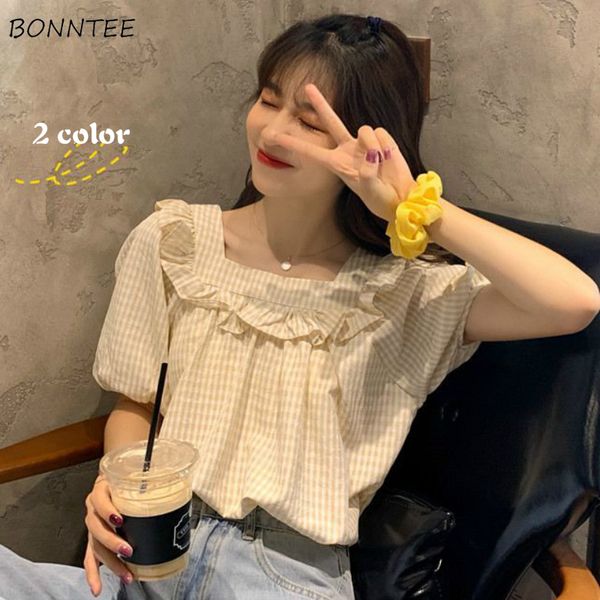 

shirts women loose plaid harajuku new arrival summer short sleeve retro simple holiday students tunic cute chic sweet girls, White