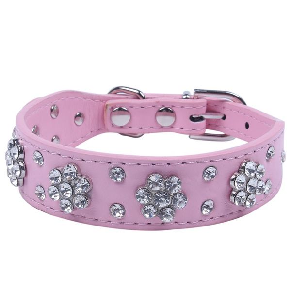 

new-pet collars 2 rows rhinestone bling flower studded pu dog collar for small or medium dogs red s: 37*2.5cm