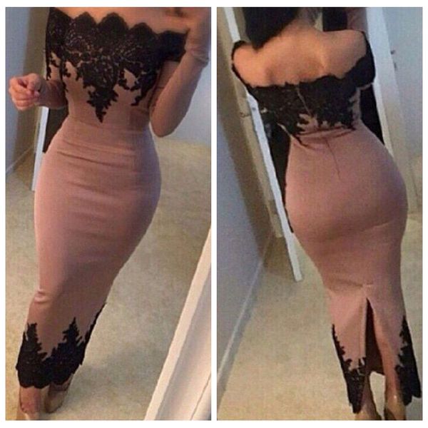 

2010 bateau long sleeves black lace appliques slim sheath prom dresses ankle length custom petite vestidos de soiree evening gowns special