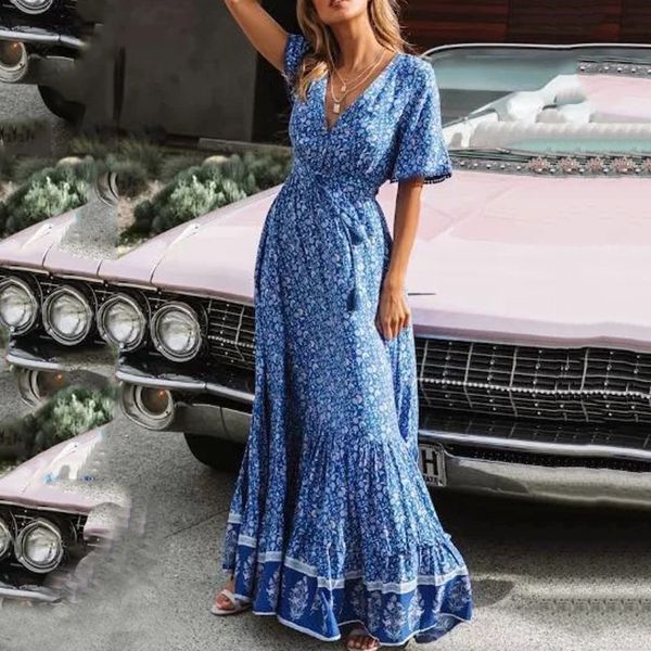 

fashion women summer dress deep v-neck short sleeve print tassel buttons vintage maxi dresses woman party night vestidos 2019, Black;gray