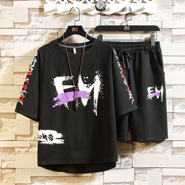 

summer sports suit men loose fashion casual suit men t-shirt + shorts hip hop style street set, Gray