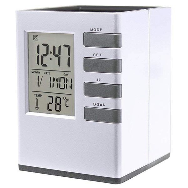 

word alarm clock with pen holder led time temperature display battery powered silver other clocks accessories