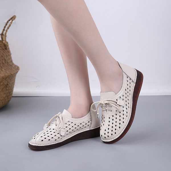 

2020 genuine leather soft bottom hole women's shoes flats casual women breathable shoes, Black