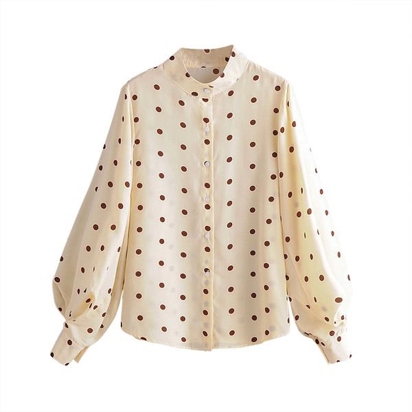 

elegant polka dot print women blouses stylish stand neck long lantern sleeve ladies spring autumn female loose shirts, White