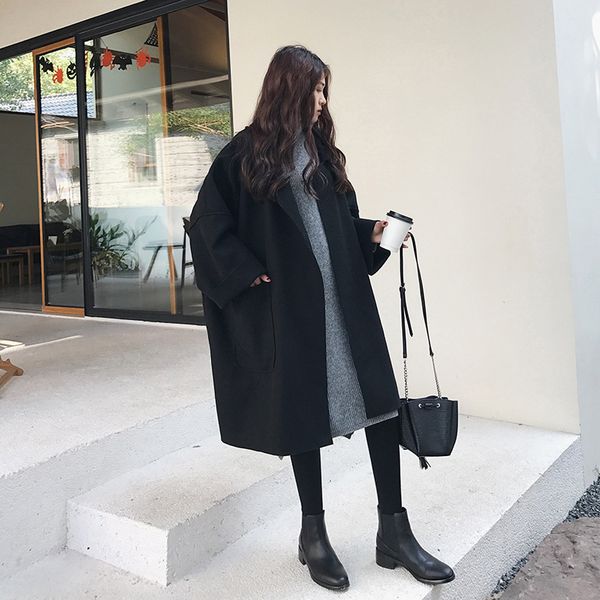 

women's jackets woolen trench coats women autumn winter thin loose double breasted female casual overcoat warm long outerwear, Black;brown