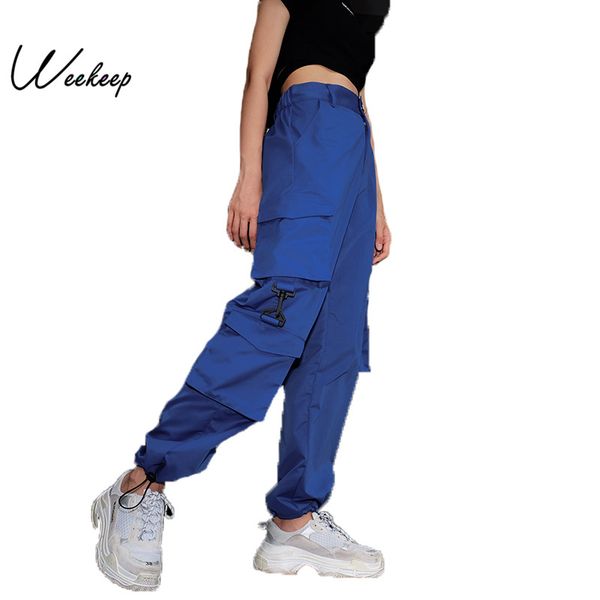 

weekeep women high waist blue cargo pants fashion loose pockets pants womens streetwear patchwork pencil sweat bottom, Black;white