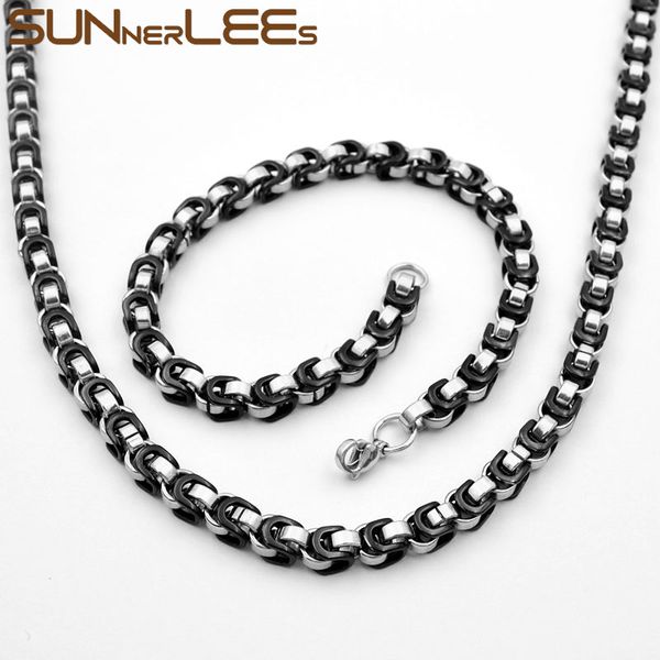 

sunnerlees fashion jewelry stainless steel necklace bracelet set 5.5mm byzantine link chain silver gold black men women sc119 s