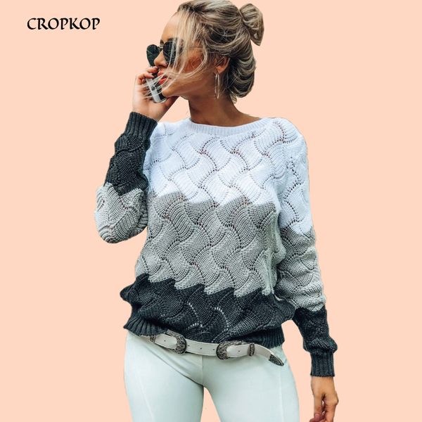

o-neck sweaters winter warm ladies autumn black pullover women long sleeve patchwork loose openwork clothing 2019 leisure, White;black