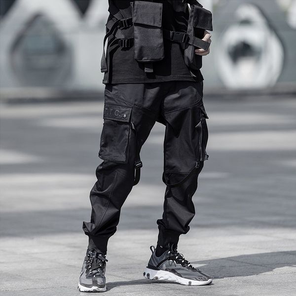 

мужчины упругие талии гаремные мужчины ленты дизайн streetwear jogger punk hip hop повседневный брюки joggers мужской танцы pant mg470, Black