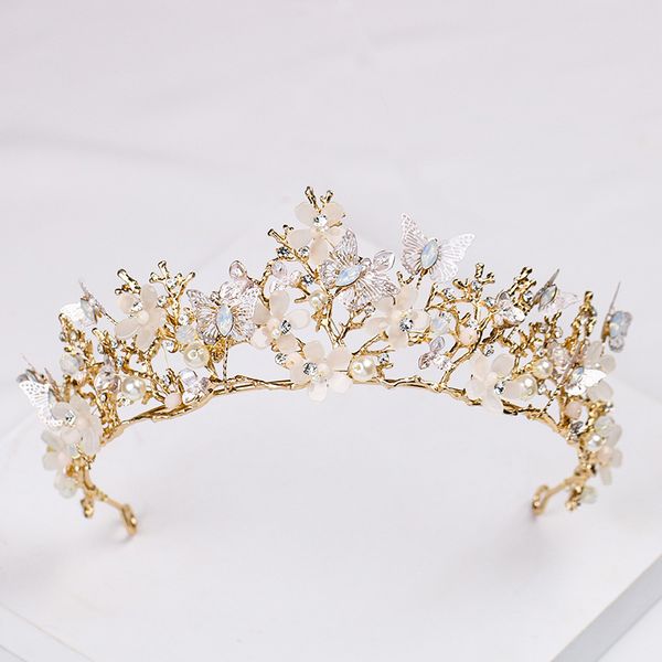

kmvexo baroque gold butterfly crown flowers wedding prom tiara headband pearl bridal headpieces brides hair accessories hairband, Golden;white
