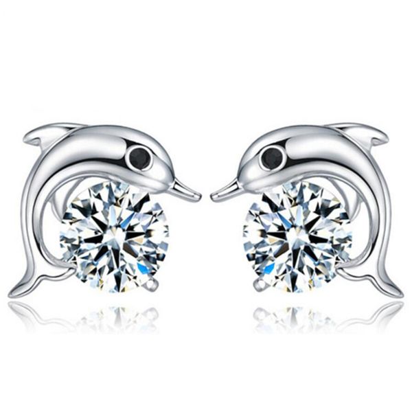 

cute crystal romantic dolphin stud earrings for women party daily wear jewelry wedding accessories wholesale rhinestone dolphin earring, Golden;silver