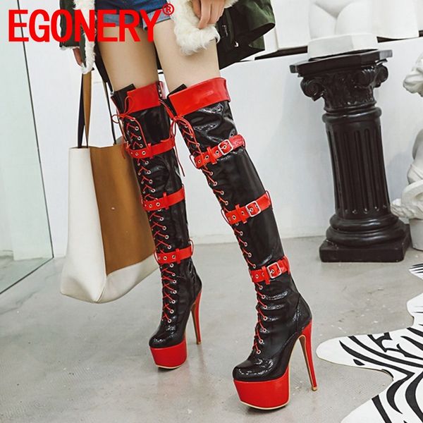 

egonery winter new fashion over knee boots high heels platform mixed colors zip cross-tied party women shoes drop shipping, Black