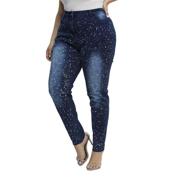 

6xl splashing ink denim pant women high waist skinny jeans femme spring casual plus size jeans streetwear dzinsy damskie d30, Blue