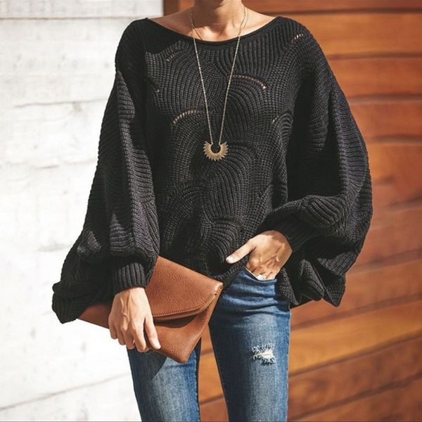

Fashion Women Hollow Out Sweaters Spring Autumn Solid Loose Pullover Girls Clothing Female Batwing Sleeve Sweaters