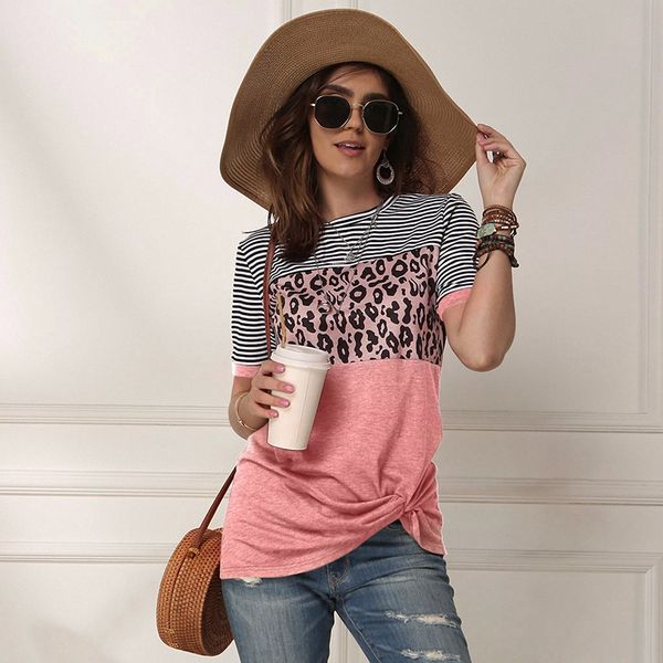 

women's striped stitching short sleeve round neck t-shirt top, White
