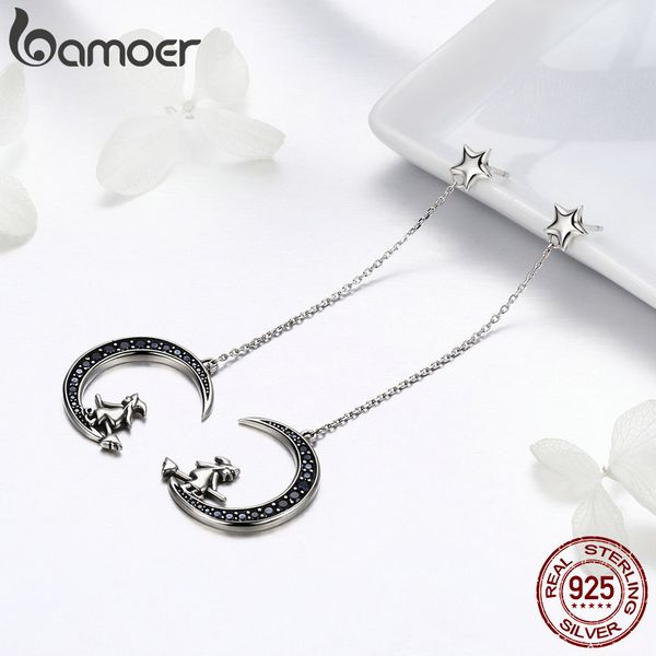 

bamoer real 925 sterling silver magic witch in moon star black cz long drop earrings for women sterling silver jewelry sce287 cx200624, Golden