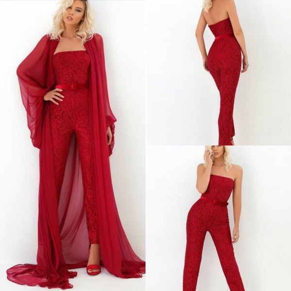 

2020 red prom jumpsuits with long wrap strapless lace appliqued sleeveless evening gowns custom made charming cocktail party dress, Black