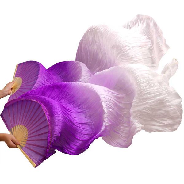 

1 pair 100% silk handmade dyed fans silk veil women belly dance fans purple+ light purple +white colors 180*90 cm, Black;red
