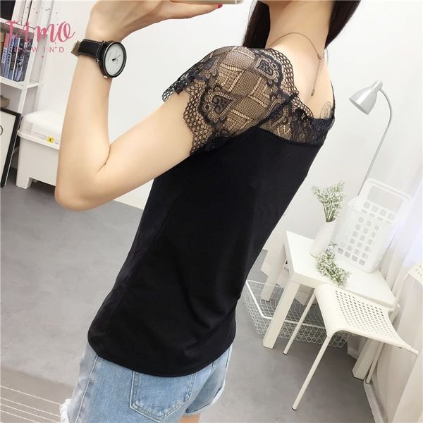 

низкая цена summer lace лоскутная с коротким рукавом повседневная футболка женщины мода топы разрез шеи tee tshirt, White