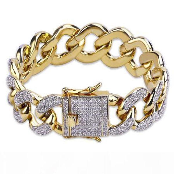 

18k real gold planted miami cuba link bracelets hip hop full zircon iced out men bracelets, Golden;silver
